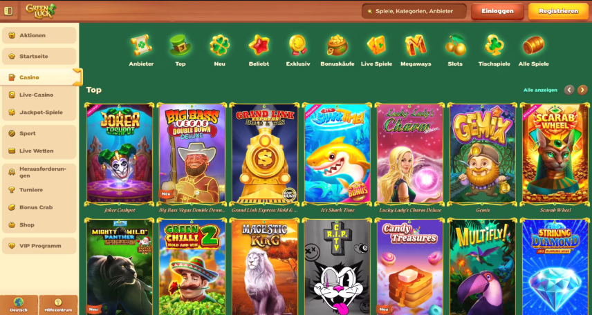 Ausschnitt der Spielauswahl im Green Luck Casino mit verschiedenen Slot-Spielen